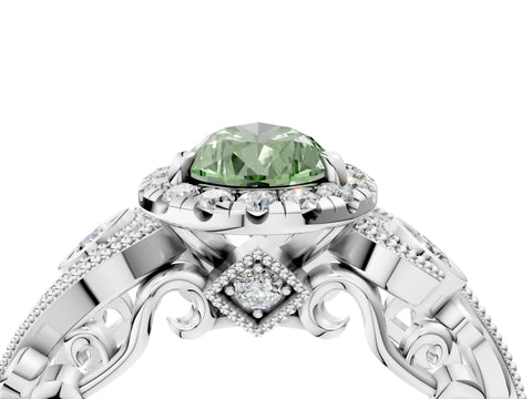 White gold Fancy Green Pear Cut Halo Diamond Ring with Milgrain and Bezel Accents on a Split Shank Band_4