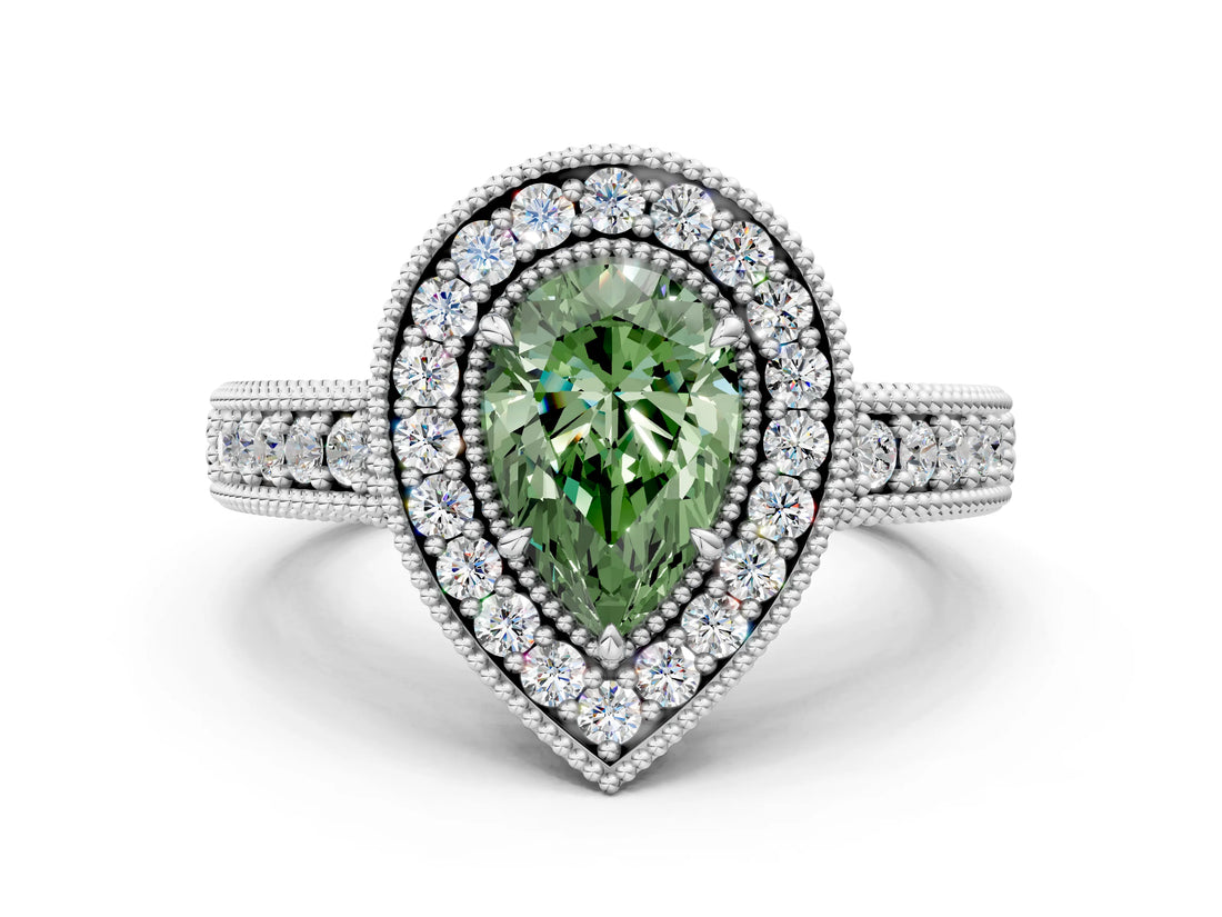 White gold Fancy Green Pear  Cut Halo Diamond Ring with Pavé Band and Four-Prong Setting_68