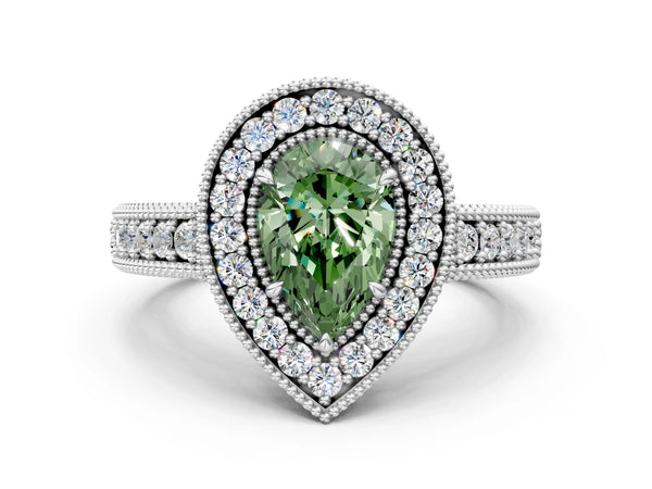 White gold Fancy Green Pear  Cut Halo Diamond Ring with Pavé Band and Four-Prong Setting