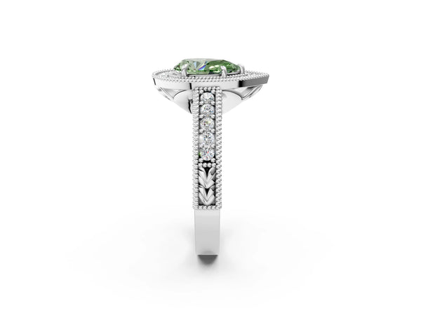 White gold Fancy Green Pear  Cut Halo Diamond Ring with Pavé Band and Four-Prong Setting