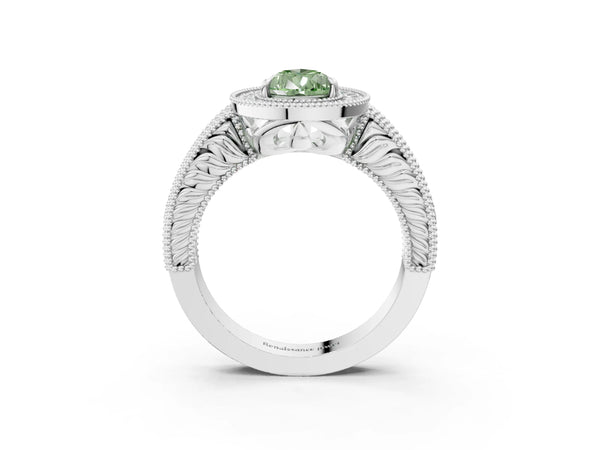 White gold Fancy Green Pear  Cut Halo Diamond Ring with Pavé Band and Four-Prong Setting