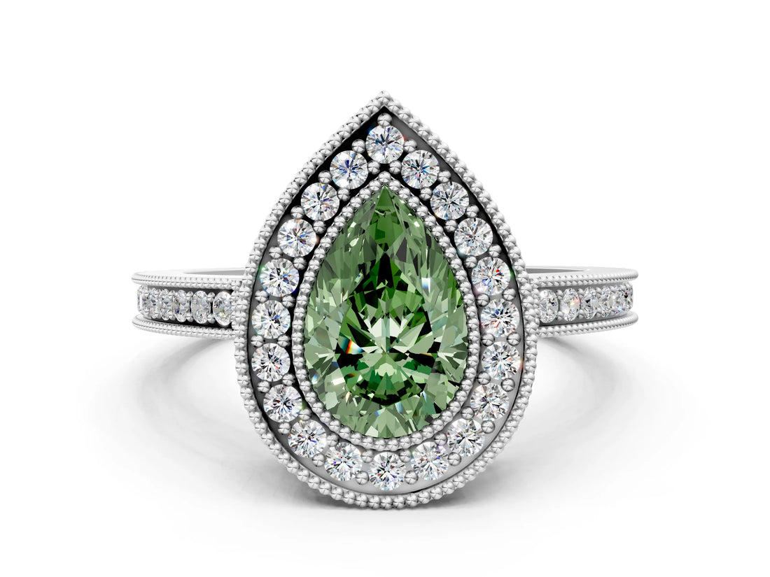 White gold Fancy Green Pear  Cut Halo Diamond Ring with Pavé Band and Milgrain Prong Setting_31
