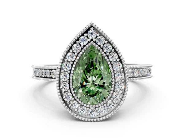 Platinum Fancy Green Pear  Cut Halo Diamond Ring with Pavé Band and Milgrain Prong Setting