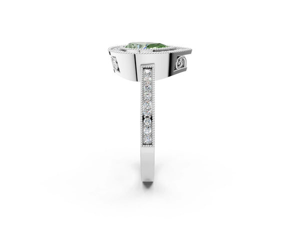Platinum Fancy Green Pear  Cut Halo Diamond Ring with Pavé Band and Milgrain Prong Setting
