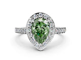 White gold Fancy Green Pear Cut Halo Diamond Ring with Pavé Band and Three-Prong Setting_12