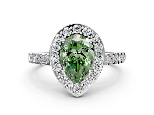 White gold Fancy Green Pear Cut Halo Diamond Ring with Pavé Band and Three-Prong Setting