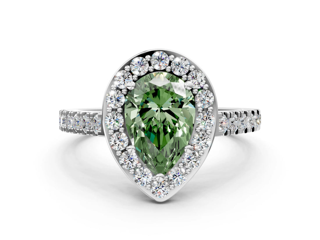 White gold Fancy Green Pear Cut Halo Diamond Ring with Pavé Band and Three-Prong Setting_12