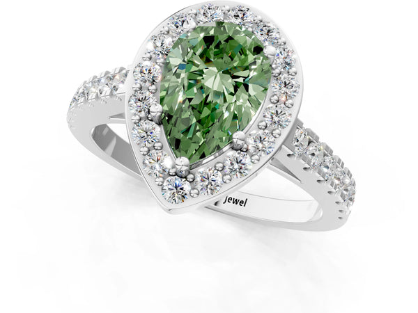 White gold Fancy Green Pear Cut Halo Diamond Ring with Pavé Band and Three-Prong Setting