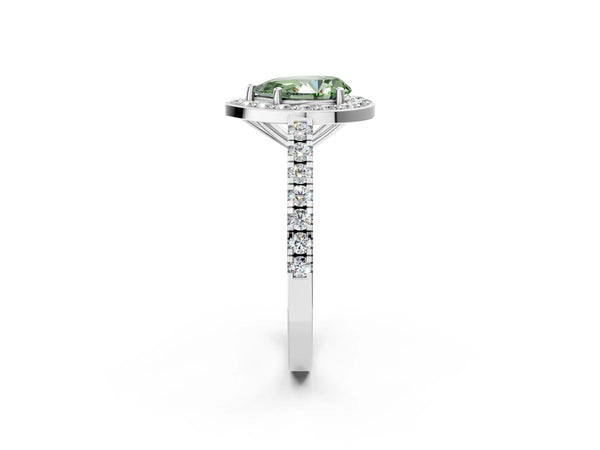 White gold Fancy Green Pear Cut Halo Diamond Ring with Pavé Band and Three-Prong Setting