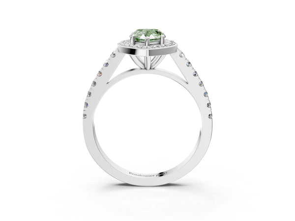 White gold Fancy Green Pear Cut Halo Diamond Ring with Pavé Band and Three-Prong Setting