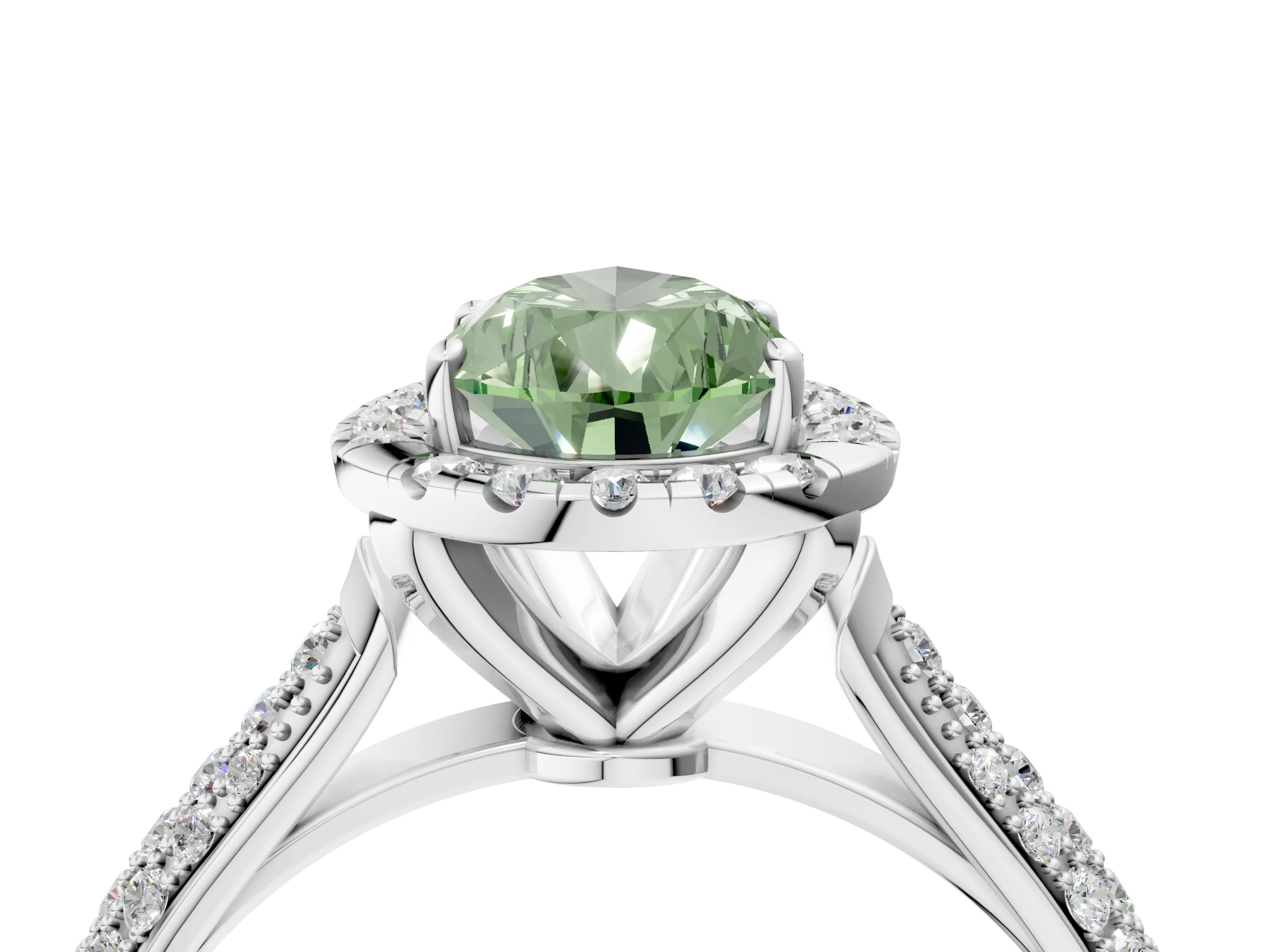 White gold Fancy Green Pear Cut Halo Diamond Ring with Pavé Band_16