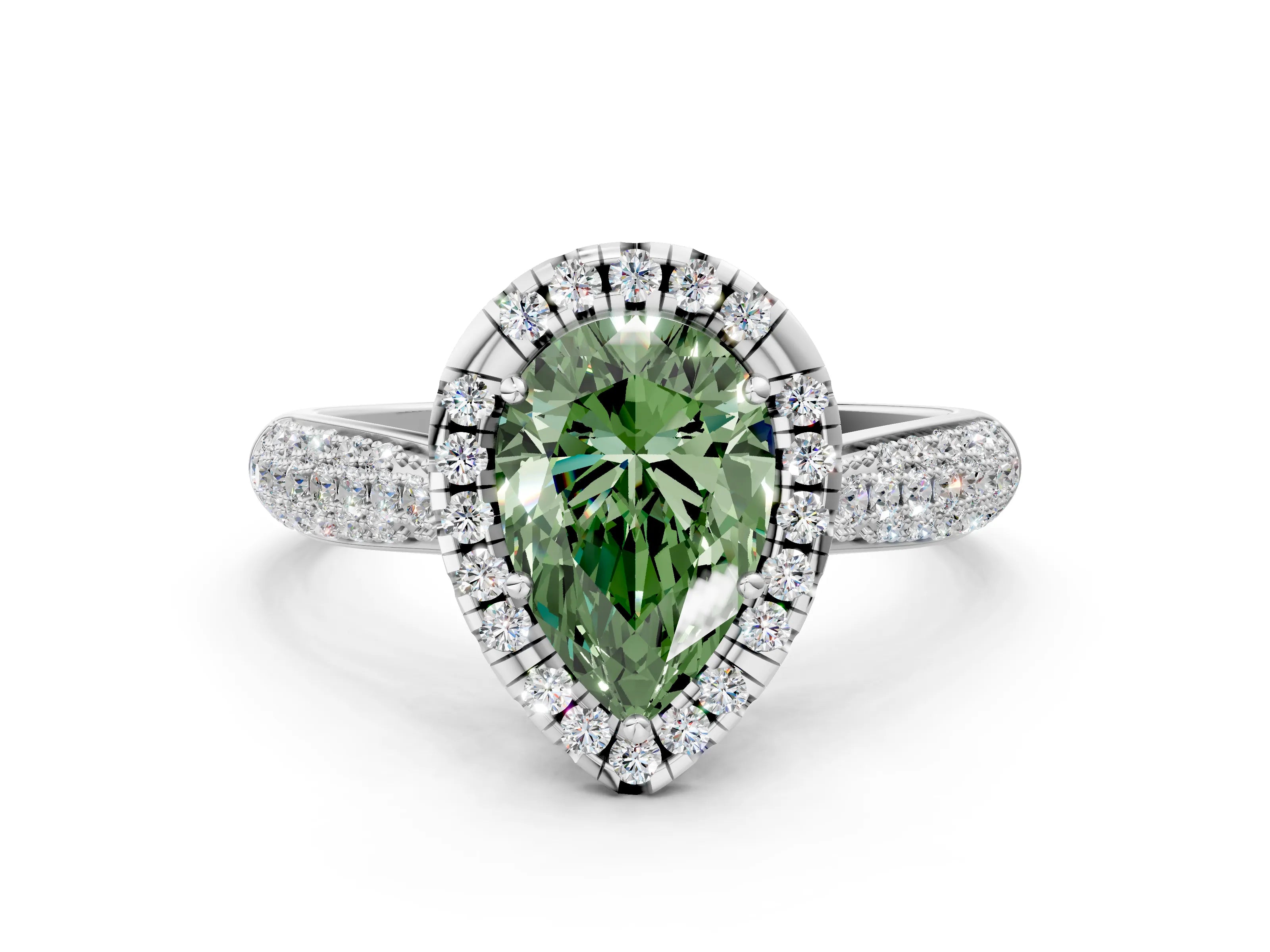 White gold Fancy Green Pear Cut Halo Diamond Ring with Pavé Band_36