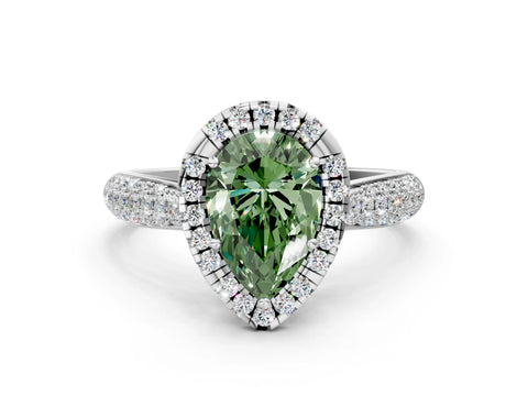 White gold Fancy Green Pear Cut Halo Diamond Ring with Pavé Band_36