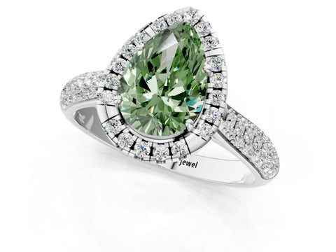White gold Fancy Green Pear Cut Halo Diamond Ring with Pavé Band_37