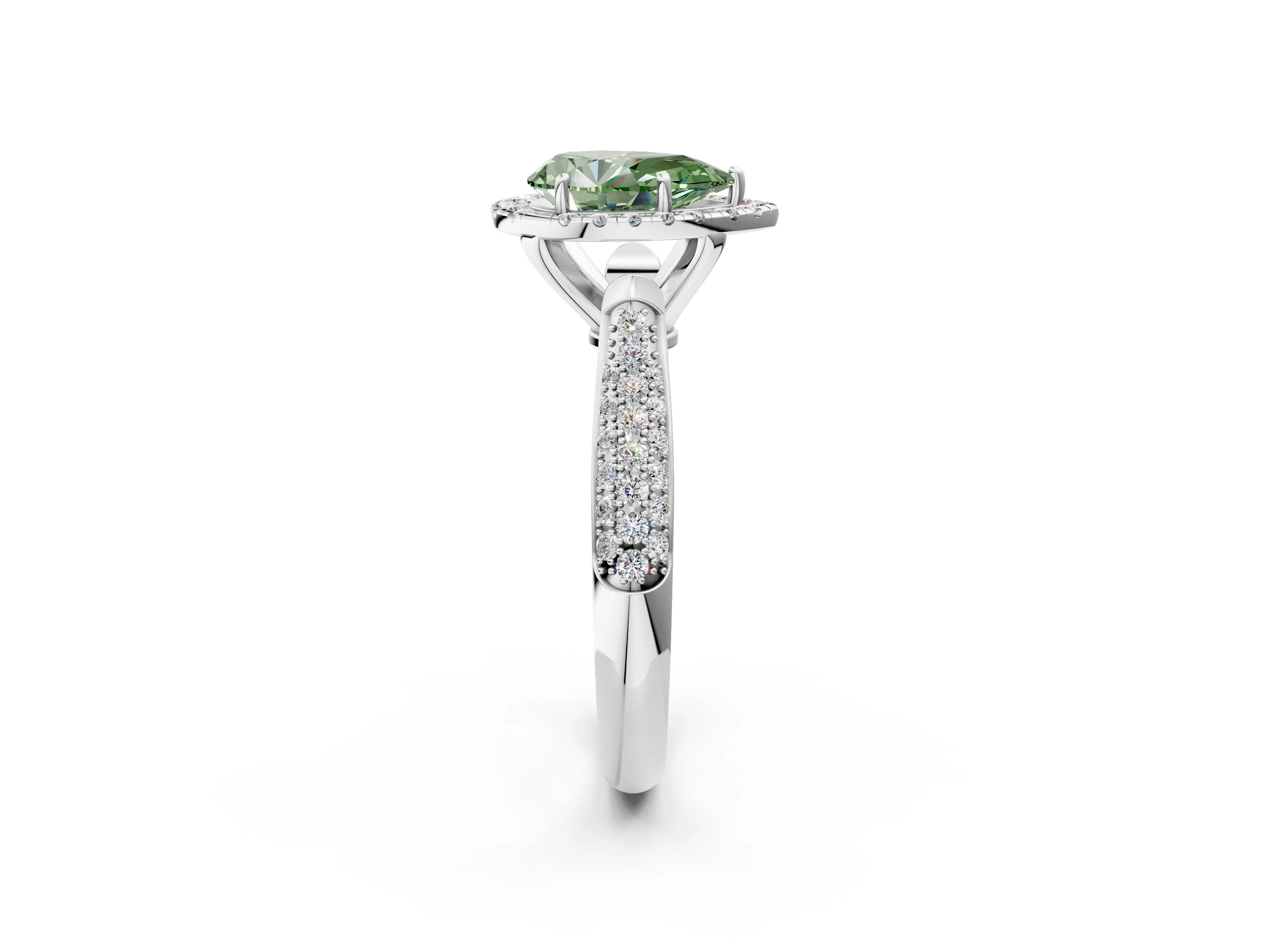 White gold Fancy Green Pear Cut Halo Diamond Ring with Pavé Band_38
