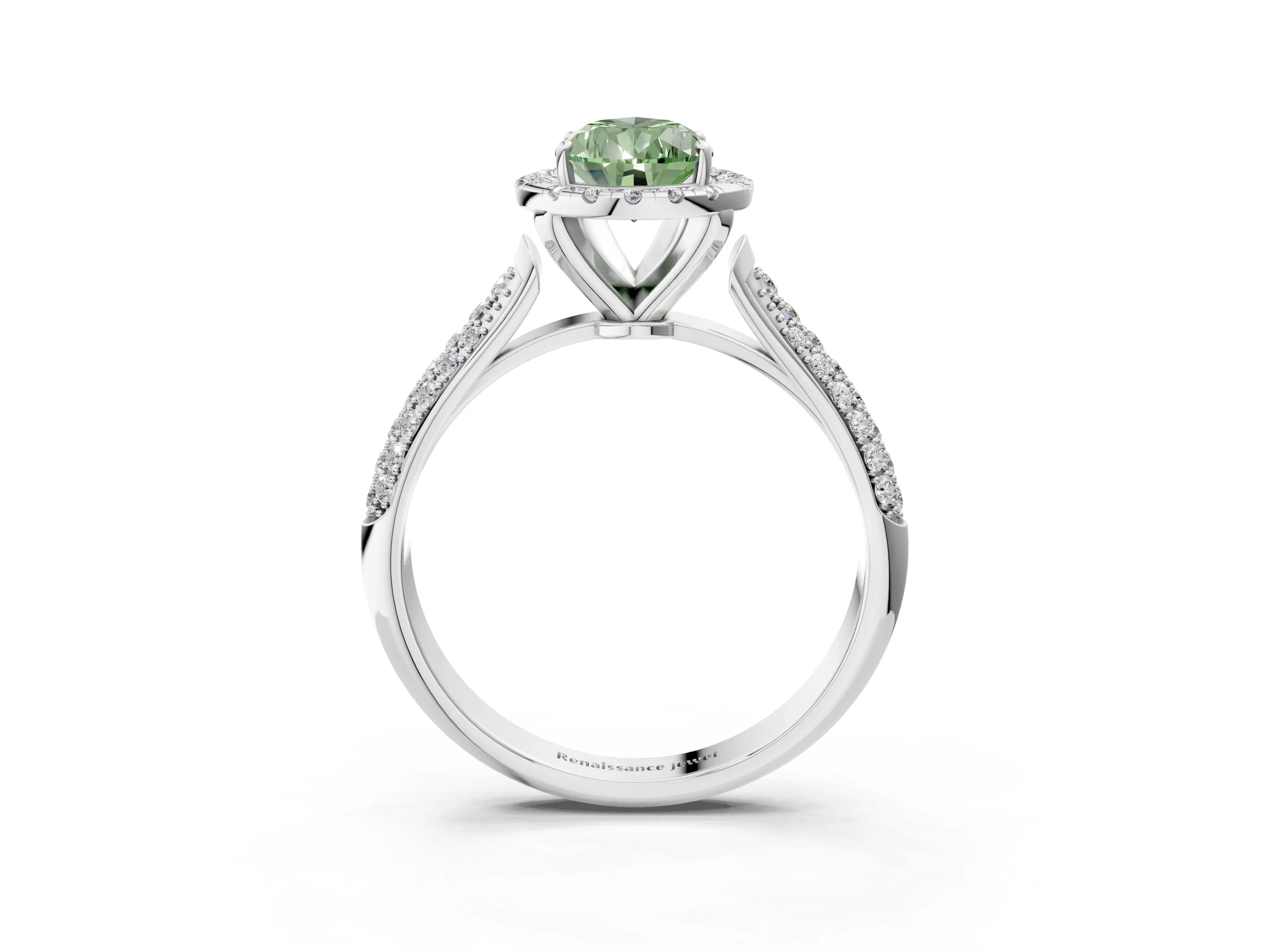 White gold Fancy Green Pear Cut Halo Diamond Ring with Pavé Band_3