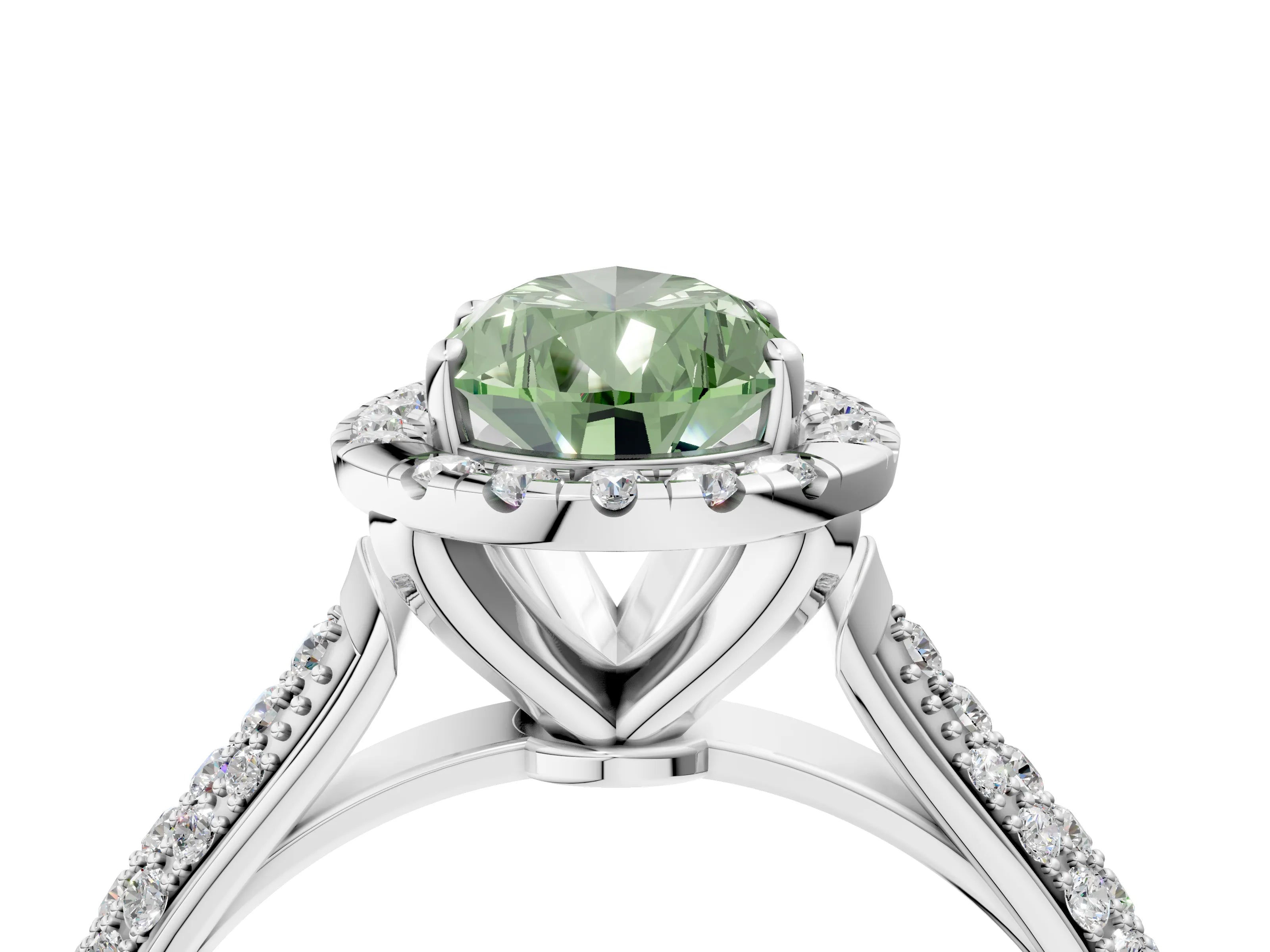 White gold Fancy Green Pear Cut Halo Diamond Ring with Pavé Band_4