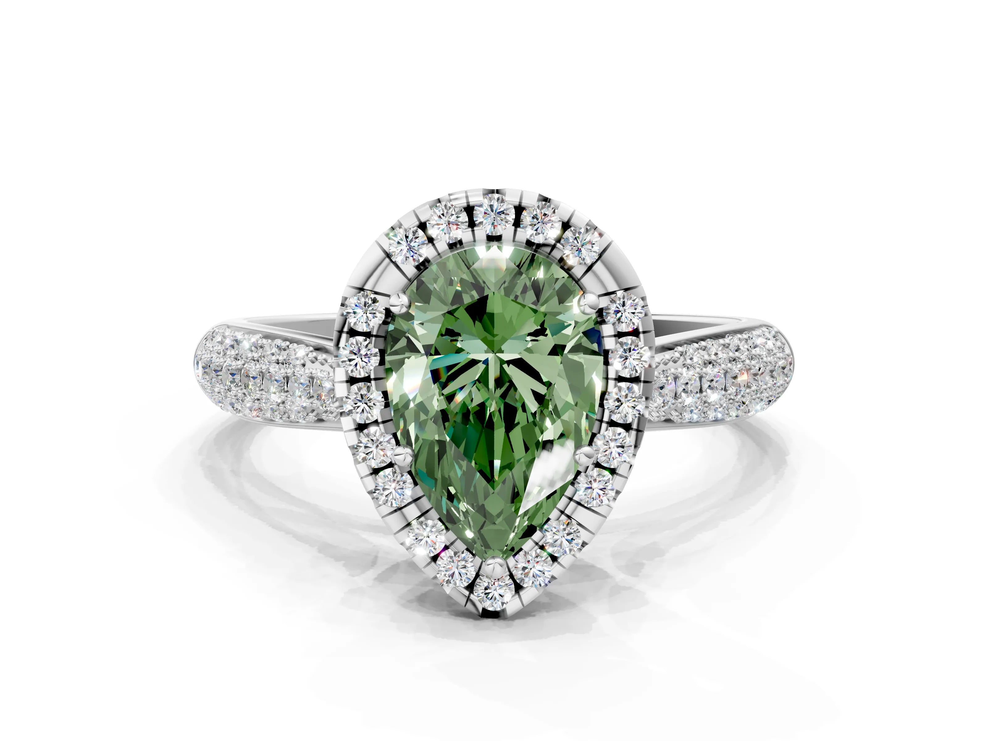 White gold Fancy Green Pear Cut Halo Diamond Ring with Pavé Band