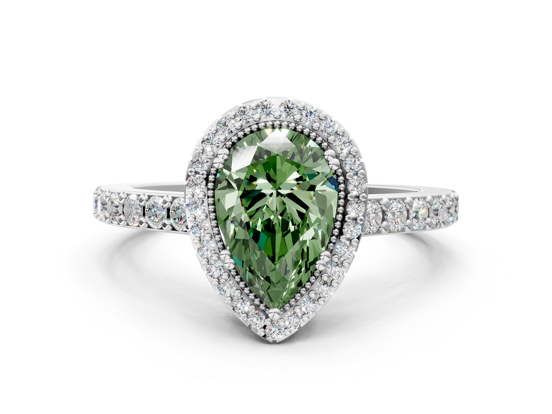 White gold Fancy Green Pear  Cut Halo Diamond Ring with Pave Band and Four-Prong Setting_24