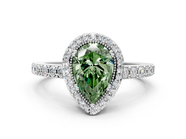 Platinum Fancy Green Pear  Cut Diamond Halo Engagement Ring with Milgrain Detail and Pavé Band