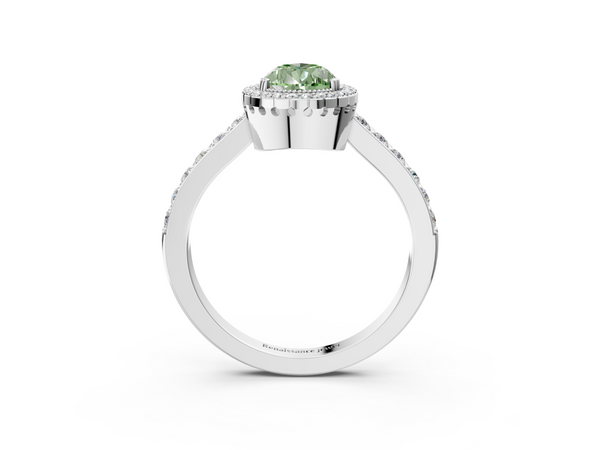 Platinum Fancy Green Pear  Cut Diamond Halo Engagement Ring with Milgrain Detail and Pavé Band