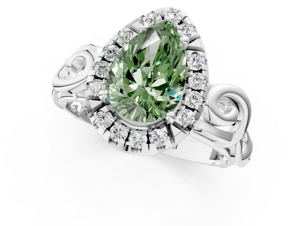 White gold Fancy Green Pear  Cut Halo Diamond Ring with Scrollwork Band and Four-Prong Setting