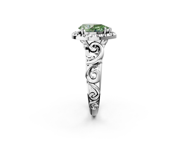 White gold Fancy Green Pear  Cut Halo Diamond Ring with Scrollwork Band and Four-Prong Setting