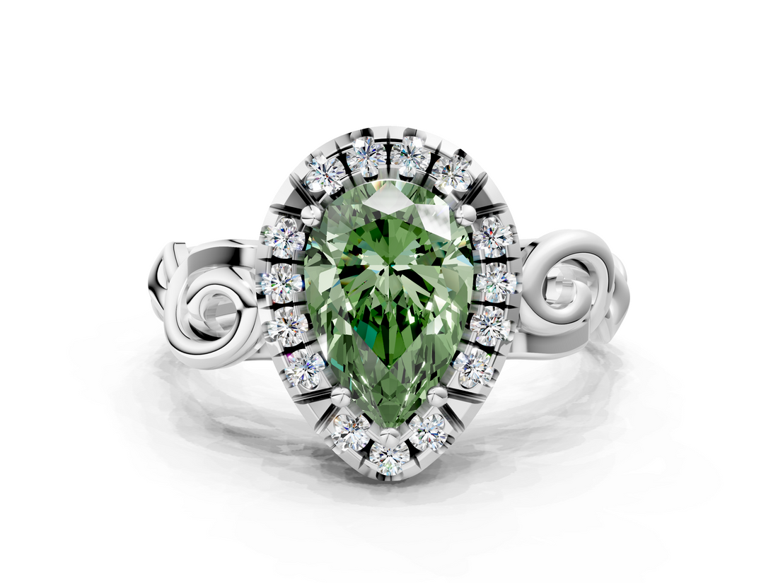White gold Fancy Green Pear  Cut Halo Diamond Ring with Scrollwork Band and Four-Prong Setting_129