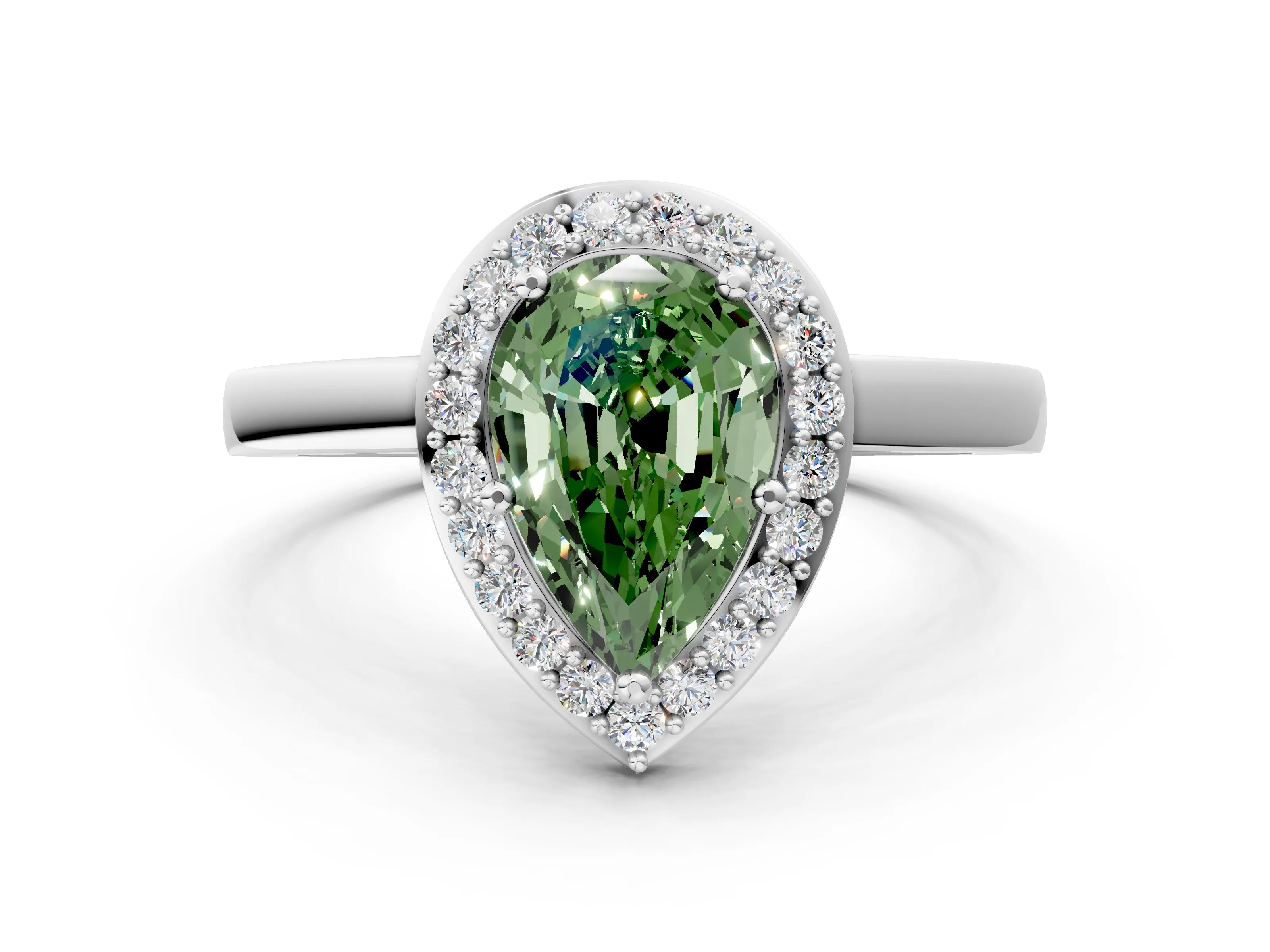 White gold Fancy Green Pear Cut Halo Diamond Ring with Solitaire Band and Prong Setting_24
