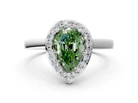 White gold Fancy Green Pear Cut Halo Diamond Ring with Solitaire Band and Prong Setting_24