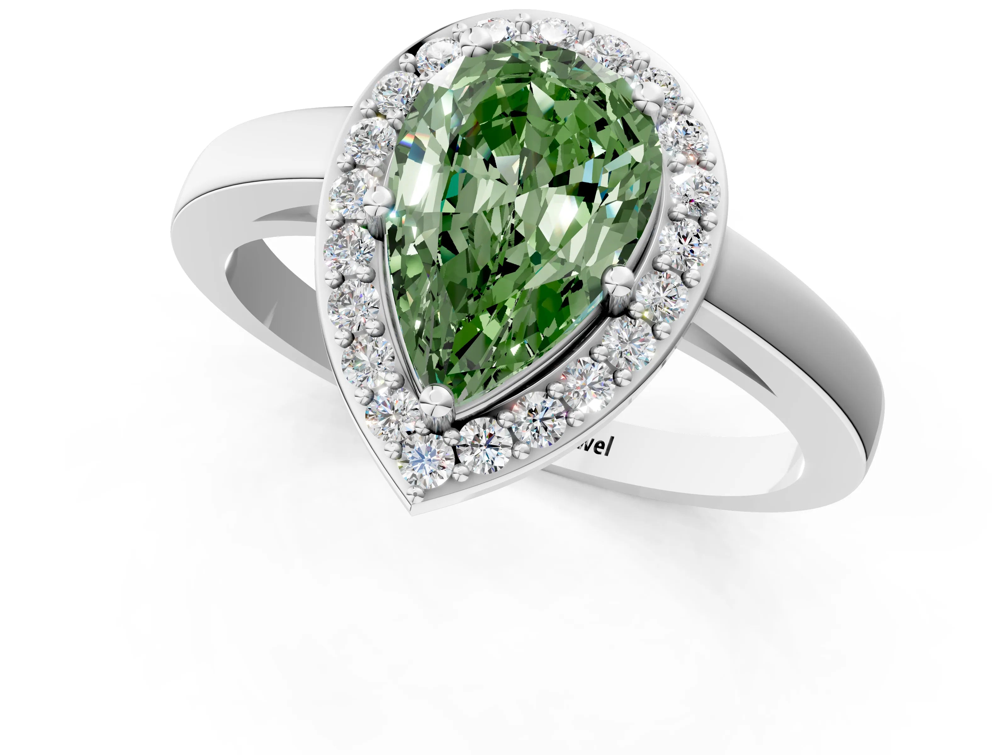 White gold Fancy Green Pear Cut Halo Diamond Ring with Solitaire Band and Prong Setting_25