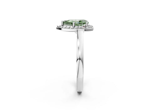 White gold Fancy Green Pear Cut Halo Diamond Ring with Solitaire Band and Prong Setting_26