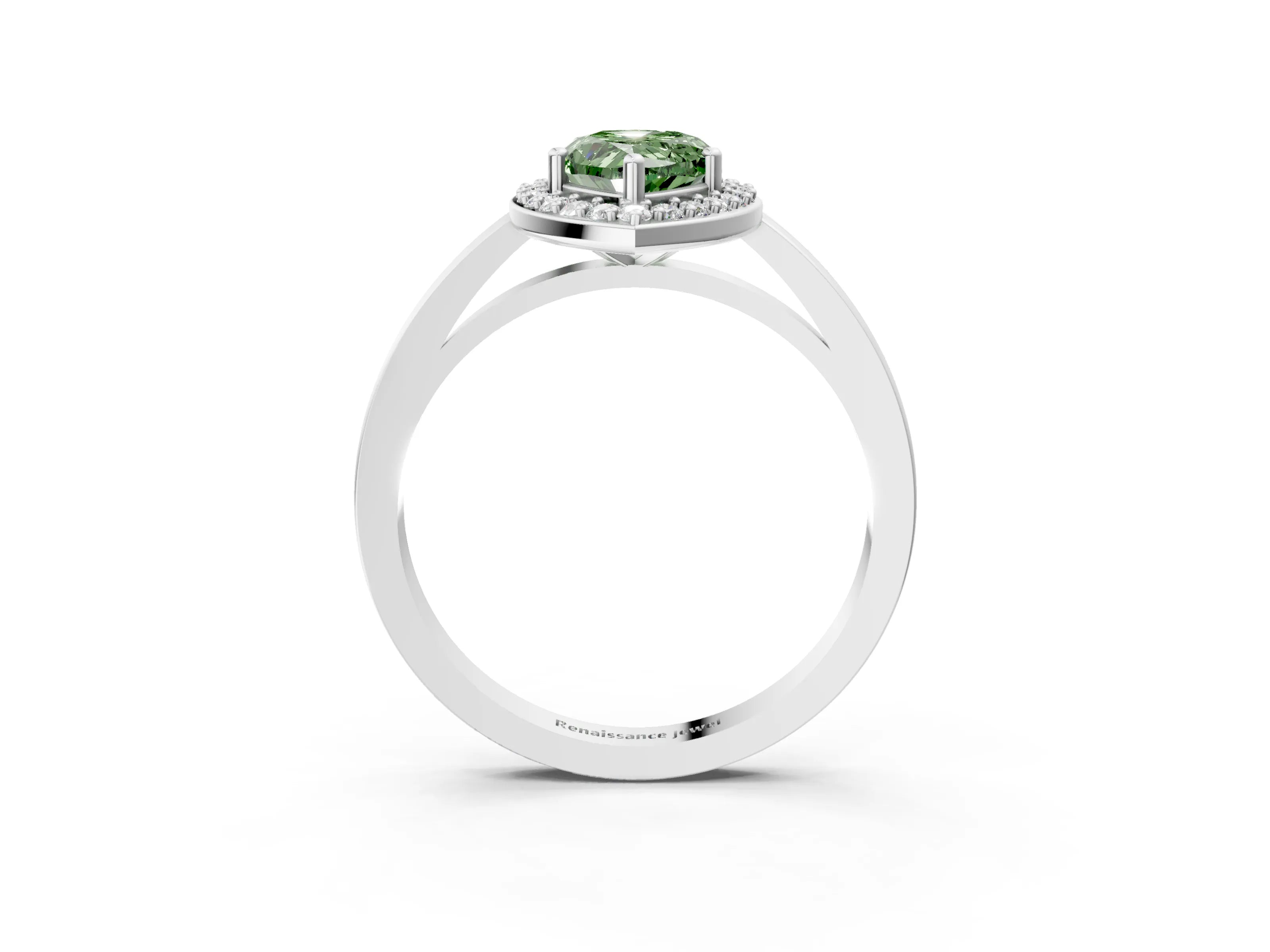 White gold Fancy Green Pear Cut Halo Diamond Ring with Solitaire Band and Prong Setting_27