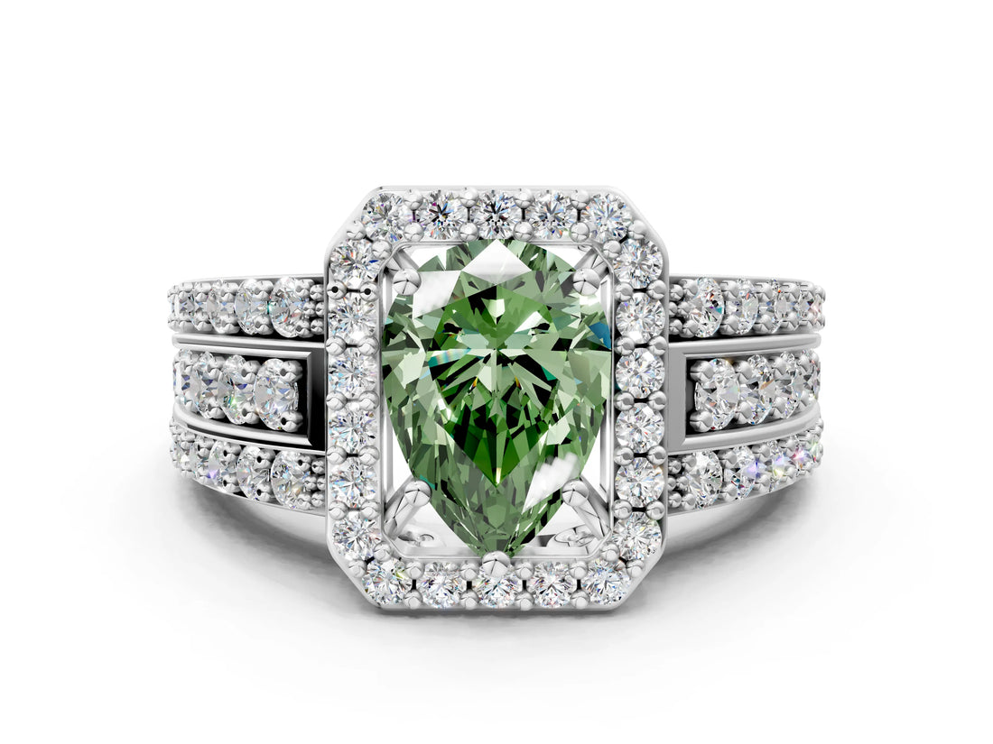 White gold Fancy Green Pear Cut Halo Diamond Ring with Split Shank and Four-Prong Setting_120