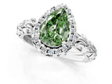 White gold Fancy Green Pear Cut Halo Diamond Solitaire with Filigree Band and Four-Prong Setting_1