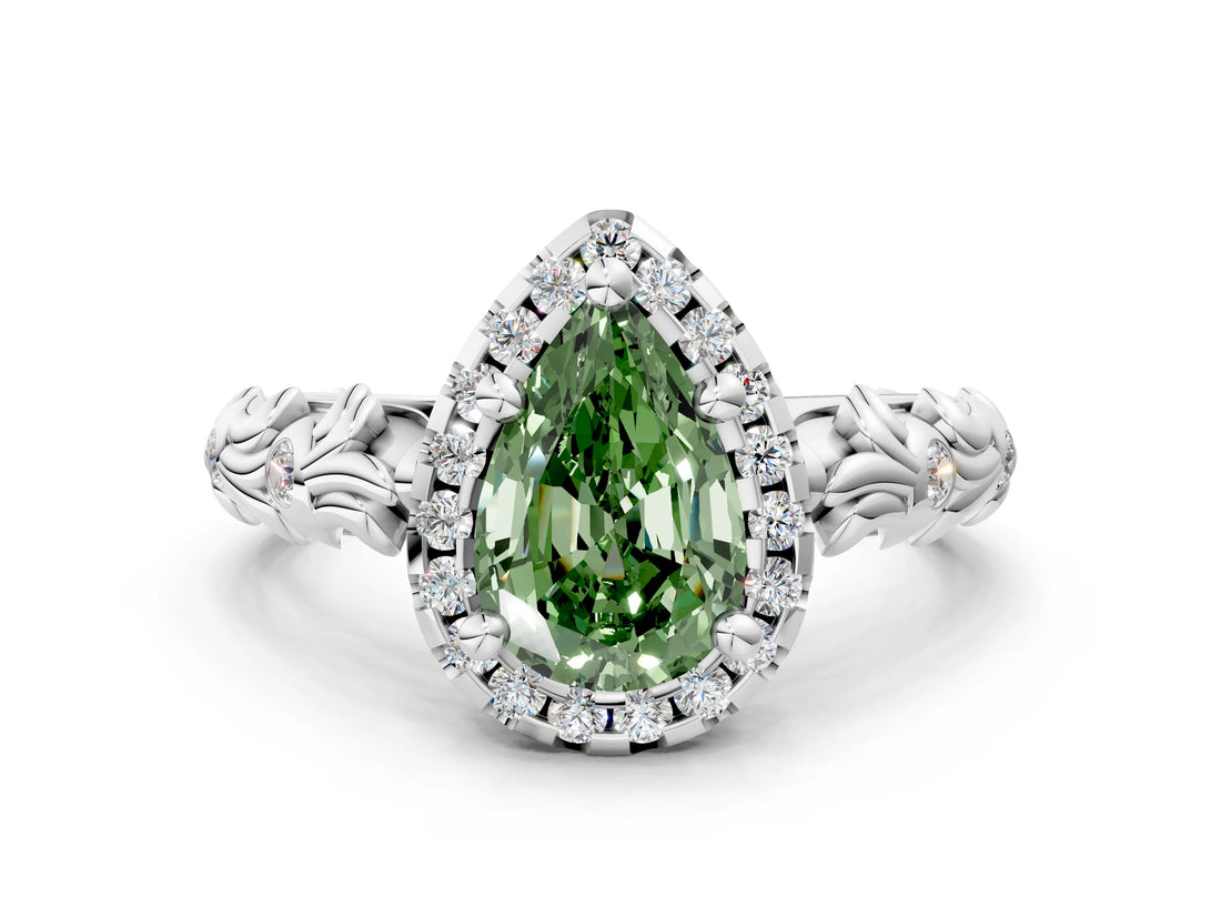White gold Fancy Green Pear Cut Halo Diamond Solitaire with Filigree Band and Four-Prong Setting