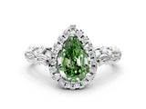 White gold Fancy Green Pear Cut Halo Diamond Solitaire with Filigree Band and Four-Prong Setting