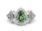 White gold Fancy Green Pear Cut Halo Diamond Split Shank Engagement Ring with Four-Prong Setting