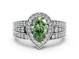 White gold Fancy Green Pear Cut Halo Diamond Split Shank Ring with Prong Setting