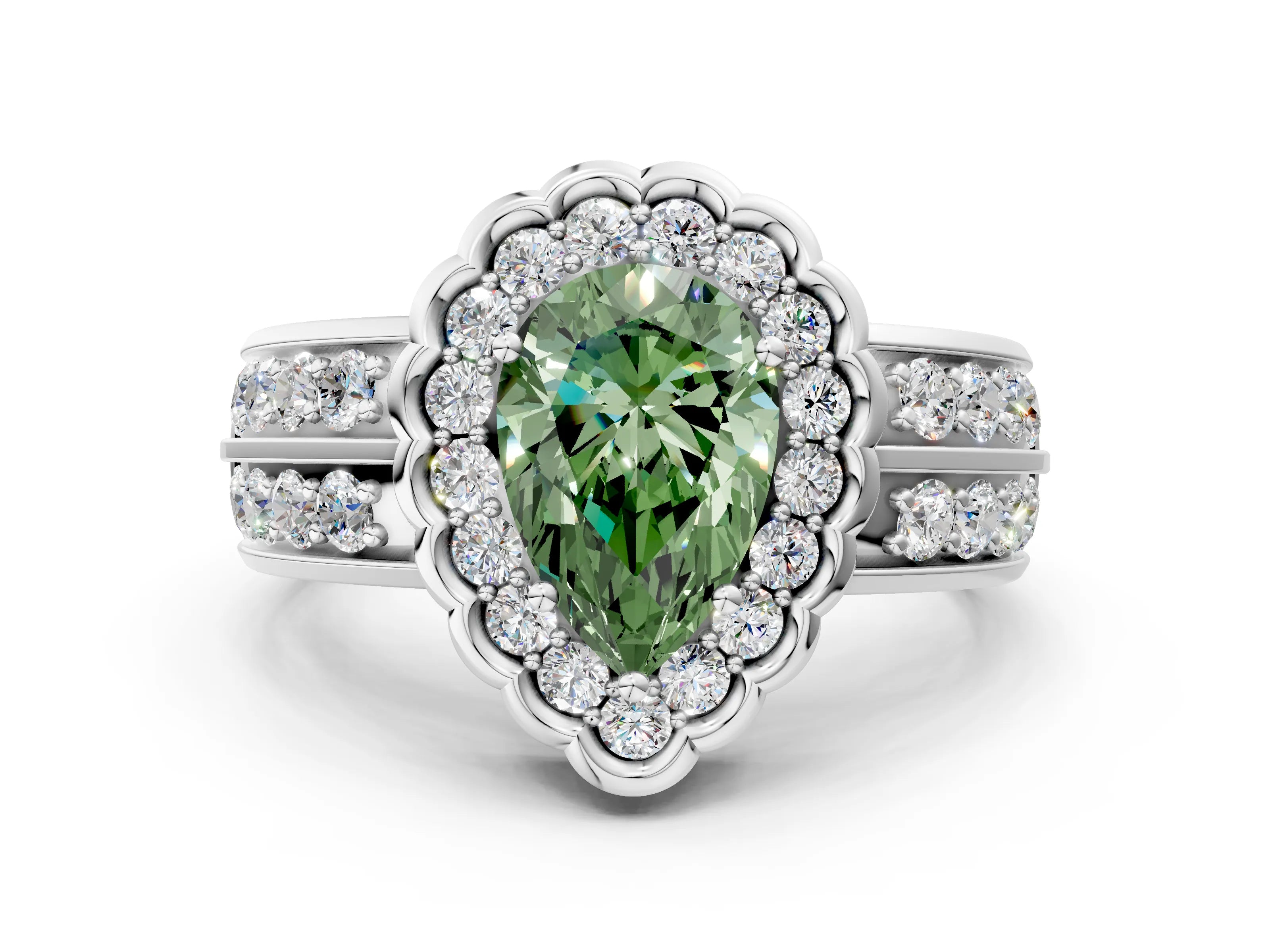 White gold Fancy Green Pear Cut Halo Diamond Split Shank Ring with Scalloped Prong Setting_12