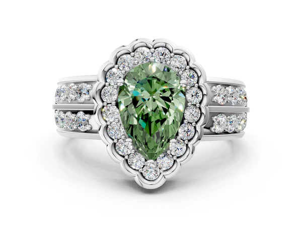 White gold Fancy Green Pear Cut Halo Diamond Split Shank Ring with Scalloped Prong Setting