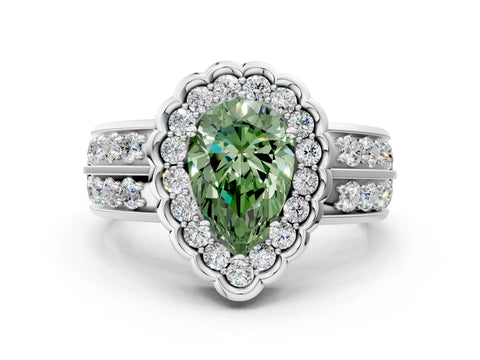 White gold Fancy Green Pear Cut Halo Diamond Split Shank Ring with Scalloped Prong Setting_12