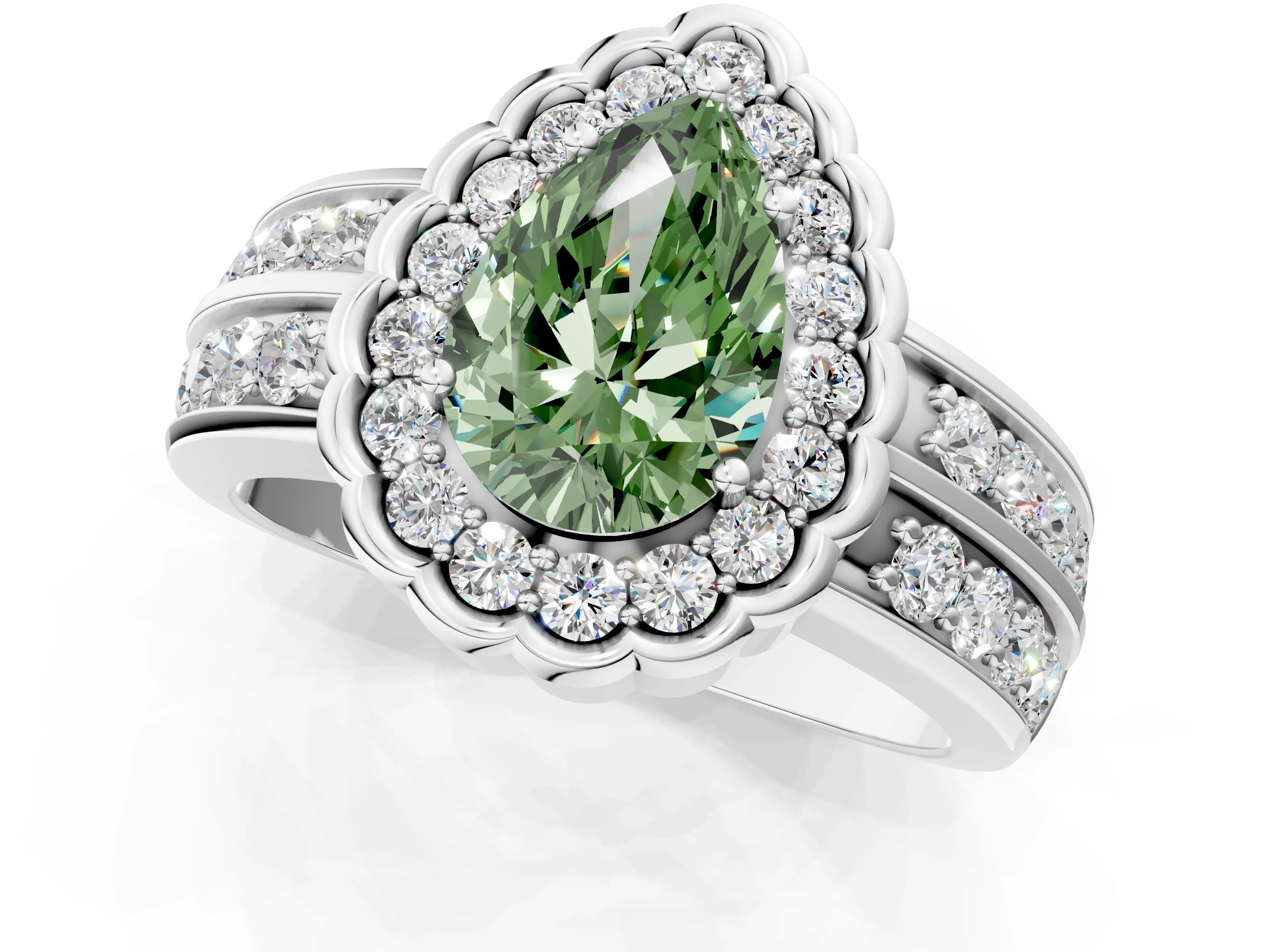 White gold Fancy Green Pear Cut Halo Diamond Split Shank Ring with Scalloped Prong Setting_13