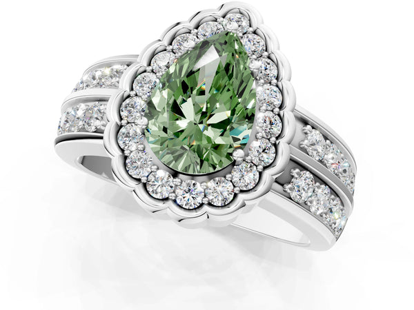 White gold Fancy Green Pear Cut Halo Diamond Split Shank Ring with Scalloped Prong Setting