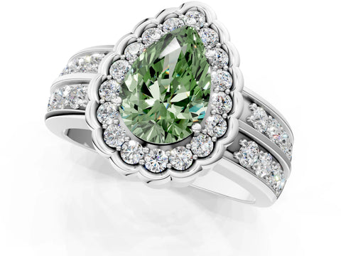 White gold Fancy Green Pear Cut Halo Diamond Split Shank Ring with Scalloped Prong Setting_13
