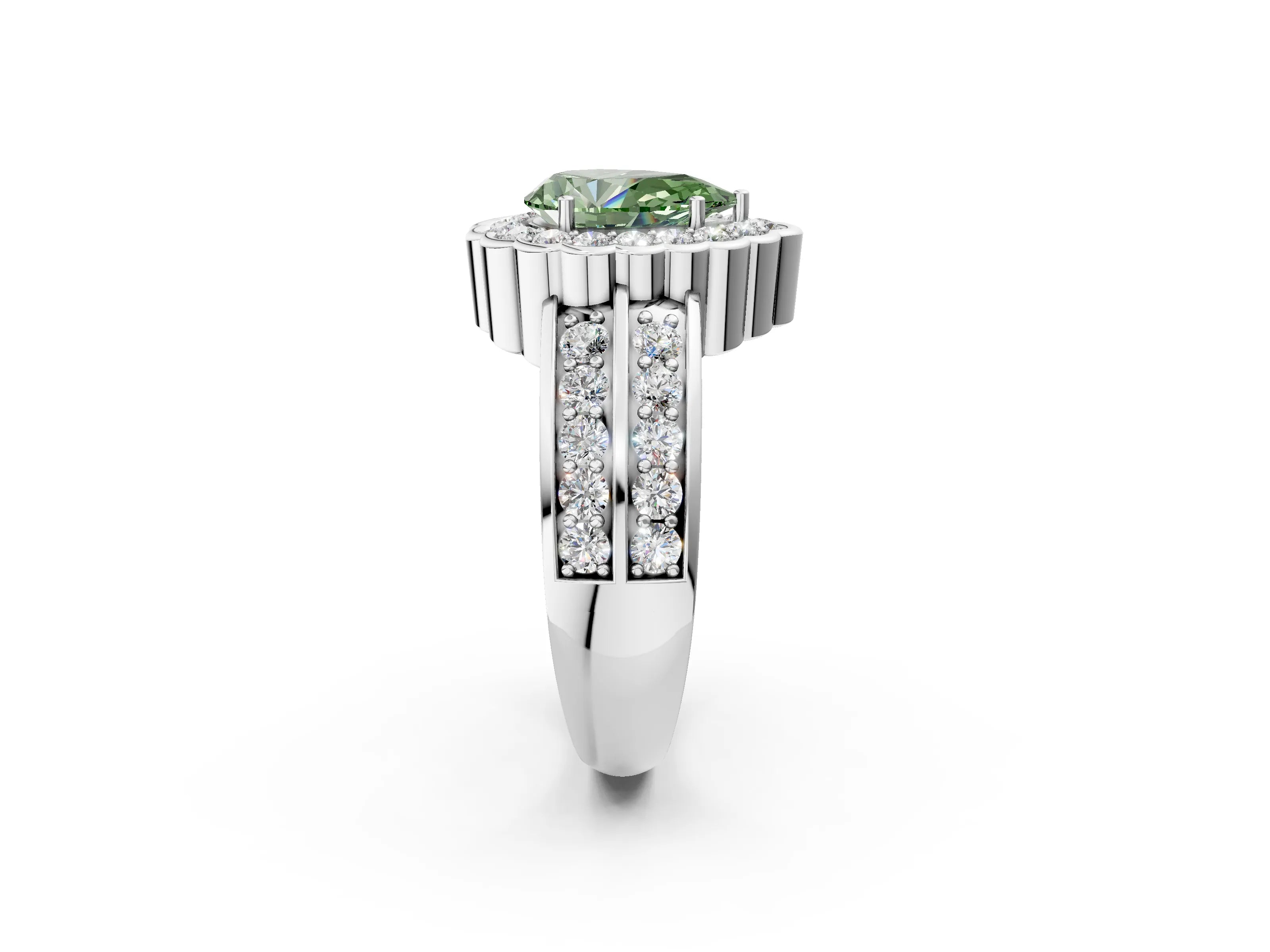 White gold Fancy Green Pear Cut Halo Diamond Split Shank Ring with Scalloped Prong Setting_14