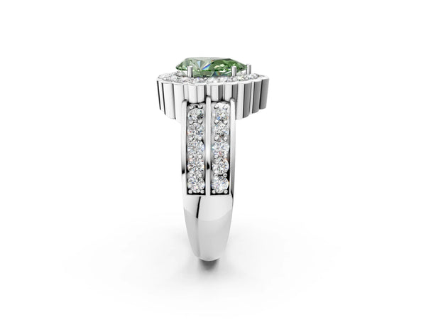 White gold Fancy Green Pear Cut Halo Diamond Split Shank Ring with Scalloped Prong Setting