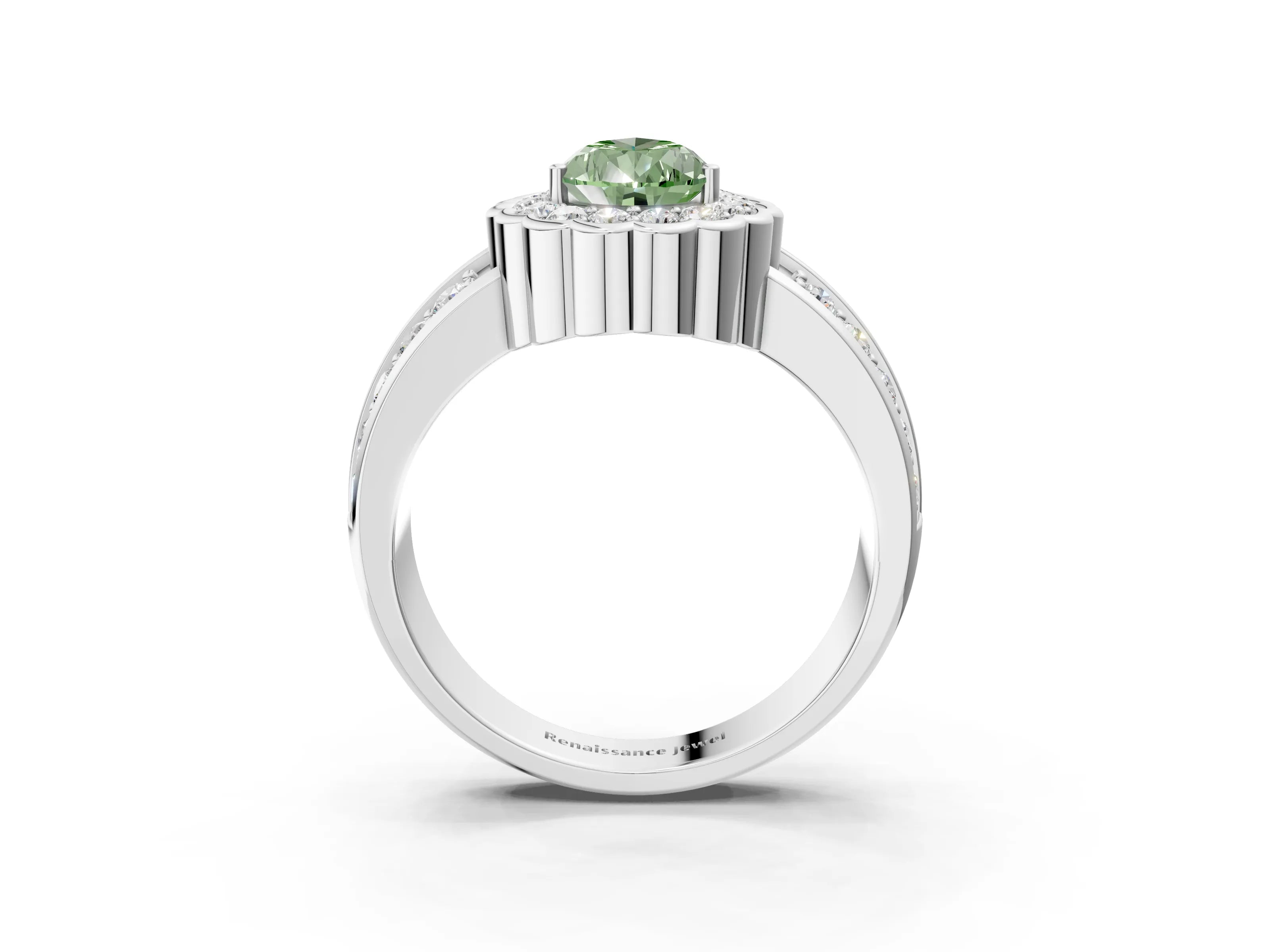 White gold Fancy Green Pear Cut Halo Diamond Split Shank Ring with Scalloped Prong Setting_15