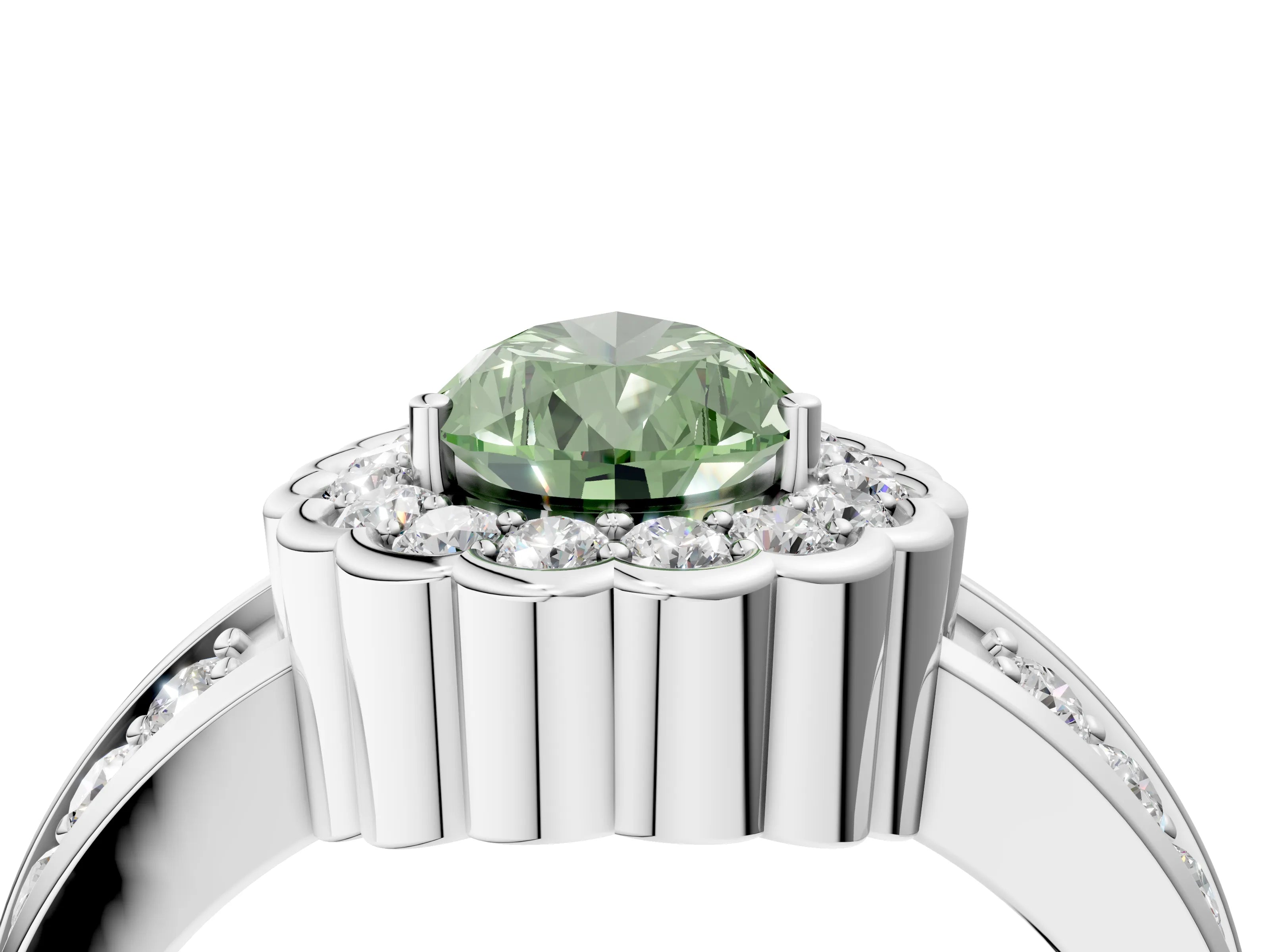 White gold Fancy Green Pear Cut Halo Diamond Split Shank Ring with Scalloped Prong Setting_16