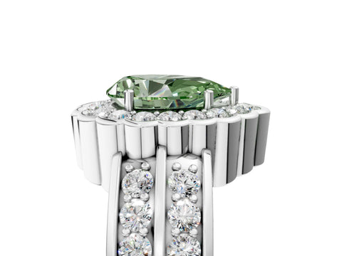 White gold Fancy Green Pear Cut Halo Diamond Split Shank Ring with Scalloped Prong Setting_17
